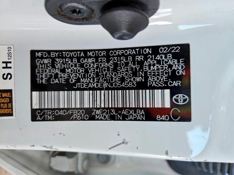 Aukcja sprzedaży 2022 Toyota Corolla, vin: JTDEAMDE8NJ054583, numer aukcji: 69643196