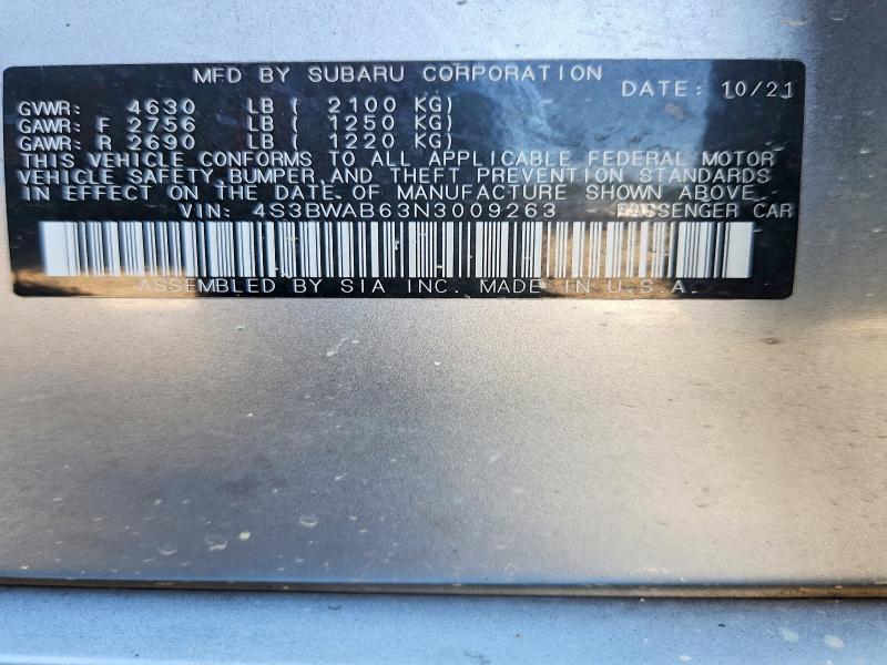 67033236 :رقم المزاد ، 4S3BWAB63N3009263 vin ، 2022 Subaru Legacy مزاد بيع