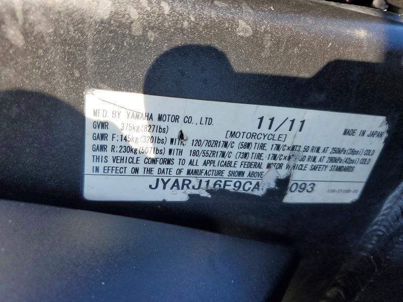 68486426 :رقم المزاد ، JYARJ16E9CA024093 vin ، 2012 Yamaha Yzfr6 مزاد بيع