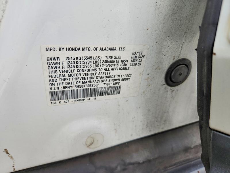 2019 Honda Pilot მანქანა იყიდება აუქციონზე, vin: 5FNYF5H58KB032682, აუქციონის ნომერი: 70171416