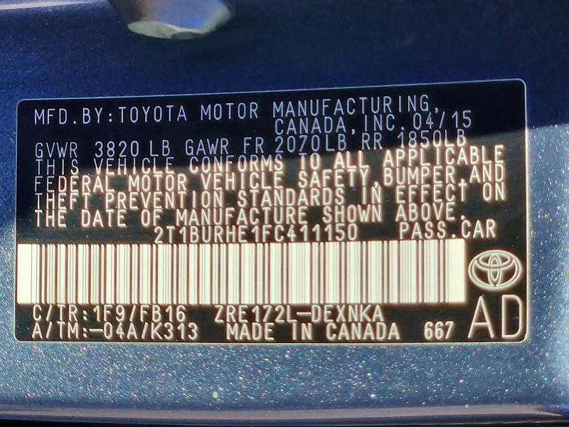 2015 Toyota Corolla მანქანა იყიდება აუქციონზე, vin: 2T1BURHE1FC411150, აუქციონის ნომერი: 70738886