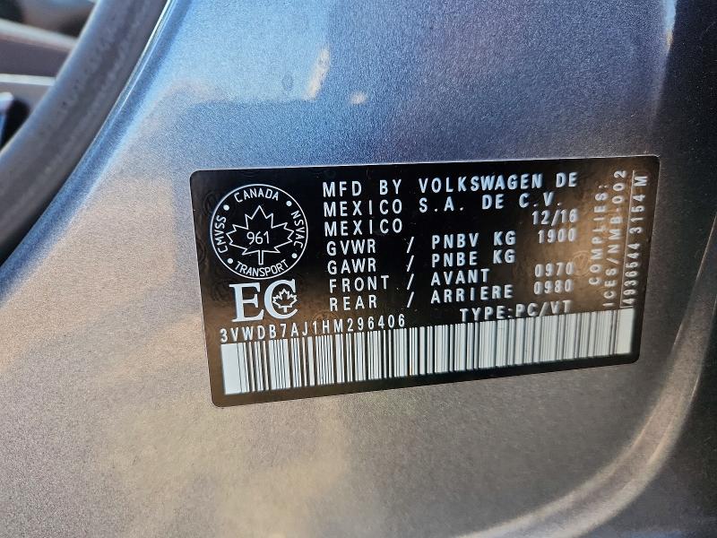 67354056 :رقم المزاد ، 3VWDB7AJ1HM296406 vin ، 2017 Volkswagen Jetta مزاد بيع