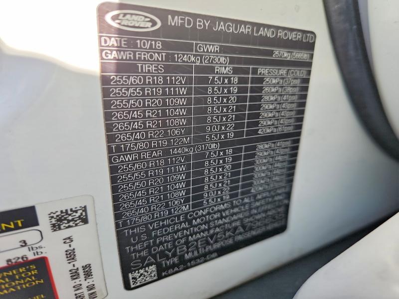 2019 Land Rover Range Rover Velar მანქანა იყიდება აუქციონზე, vin: SALYB2EV5KA796635, აუქციონის ნომერი: 69861476