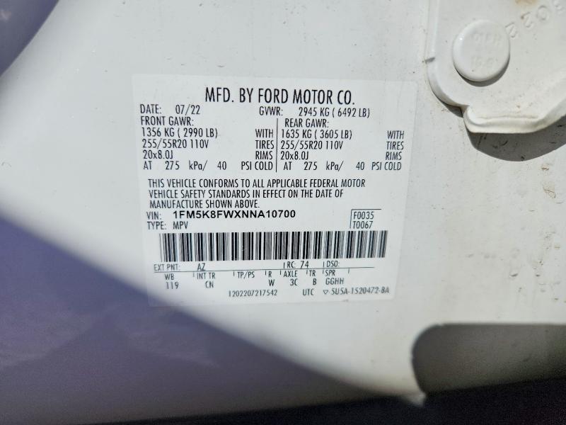 2022 Ford Explorer მანქანა იყიდება აუქციონზე, vin: 1FM5K8FWXNNA10700, აუქციონის ნომერი: 67919746