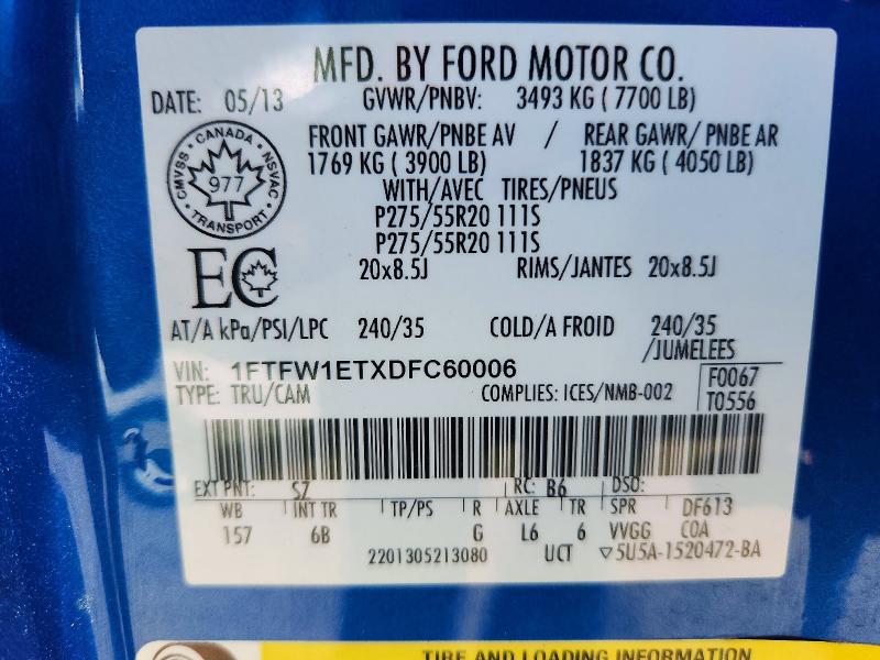 69139096 :رقم المزاد ، 1FTFW1ETXDFC60006 vin ، 2013 Ford F150 مزاد بيع