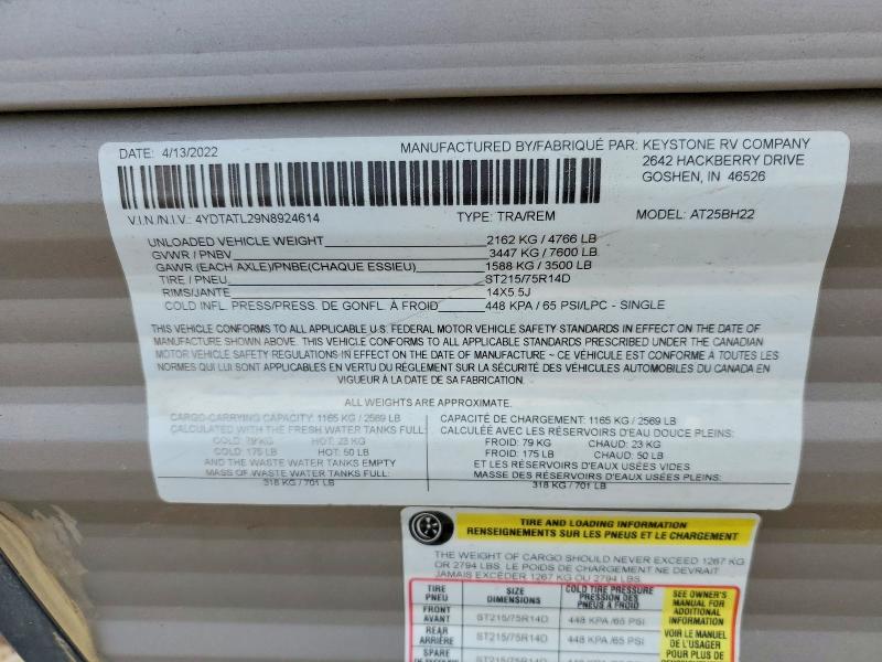 Продаж на аукціоні авто 2022 Keystone Trailer, vin: 4YDTATL29N8924614, номер лоту: 68775436