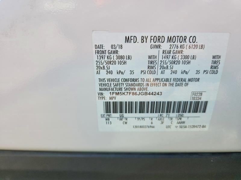 2018 Ford Explorer მანქანა იყიდება აუქციონზე, vin: 1FM5K7F86JGB44243, აუქციონის ნომერი: 70285266
