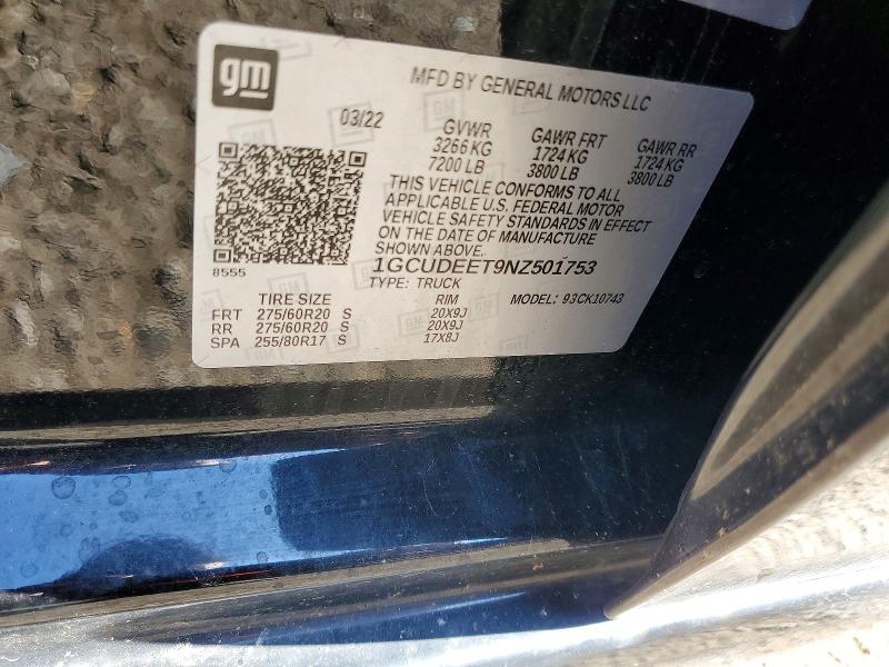 Auction sale of the 2022 Chevrolet Silverado, vin: 1GCUDEET9NZ501753, lot number: 68203996