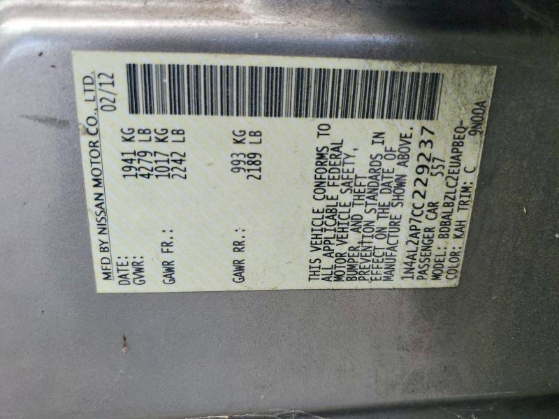 2012 Nissan Altima მანქანა იყიდება აუქციონზე, vin: 1N4AL2AP7CC229237, აუქციონის ნომერი: 68332136