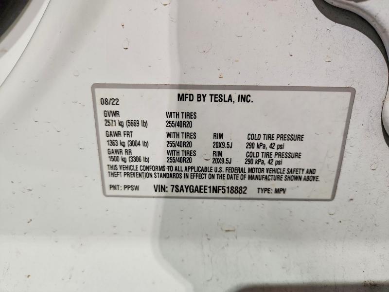Продажа на аукционе авто 2022 Tesla Model Y, vin: 7SAYGAEE1NF518882, номер лота: 70081596
