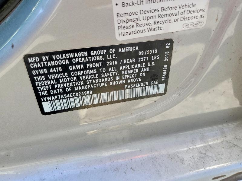 2014 Volkswagen Passat მანქანა იყიდება აუქციონზე, vin: 1VWAP7A34EC024998, აუქციონის ნომერი: 68803116