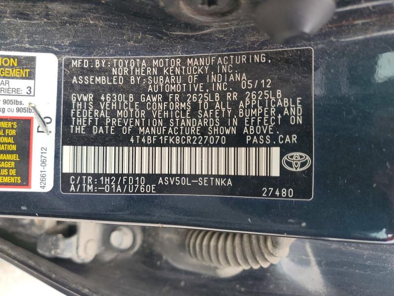 Продаж на аукціоні авто 2012 Toyota Camry, vin: 4T4BF1FK8CR227070, номер лоту: 68509906