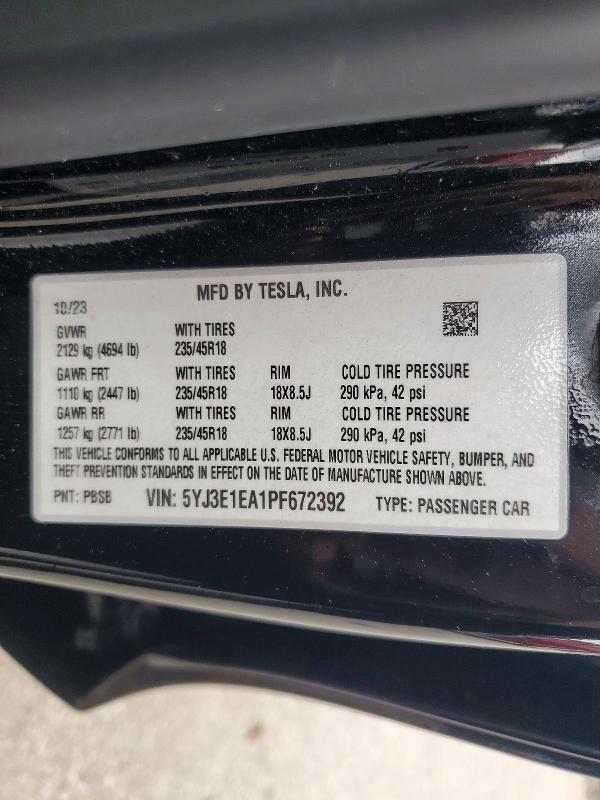 Auction sale of the 2023 Tesla Model 3, vin: 5YJ3E1EA1PF672392, lot number: 67722976