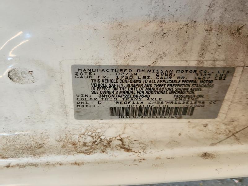 Продаж на аукціоні авто 2014 Nissan Versa, vin: 3N1CN7AP2EL867643, номер лоту: 68859076