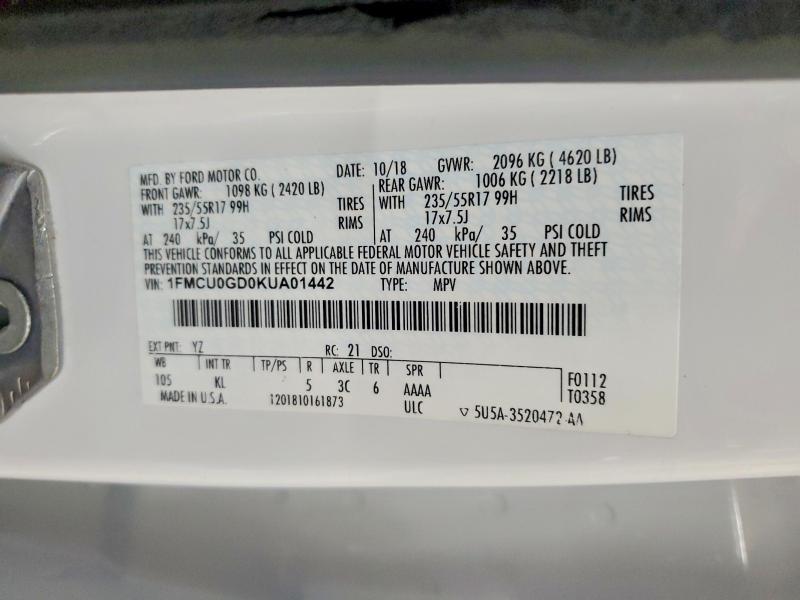 Aukcja sprzedaży 2019 Ford Escape, vin: 1FMCU0GD0KUA01442, numer aukcji: 69977206