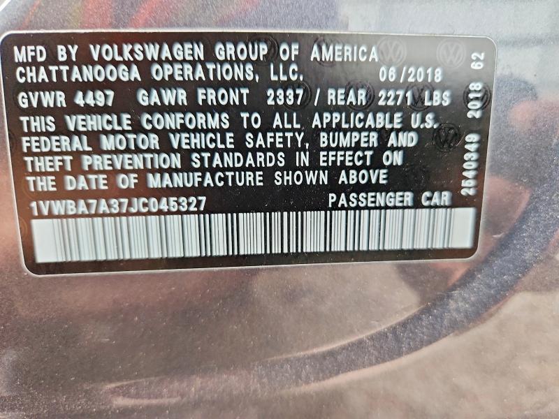 2018 Volkswagen Passat მანქანა იყიდება აუქციონზე, vin: 1VWBA7A37JC045327, აუქციონის ნომერი: 67961436