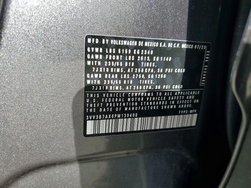 2023 Volkswagen Tiguan მანქანა იყიდება აუქციონზე, vin: 3VV3B7AX6PM139408, აუქციონის ნომერი: 68483616