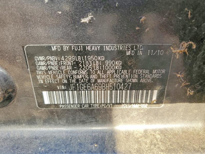 2011 Subaru Impreza მანქანა იყიდება აუქციონზე, vin: JF1GE6A69BH510427, აუქციონის ნომერი: 68741136