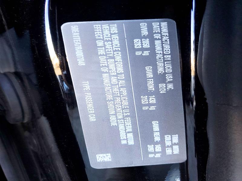 68808726 :رقم المزاد ، 50EA1TEA7RA007048 vin ، 2024 Lucid Motors Air مزاد بيع
