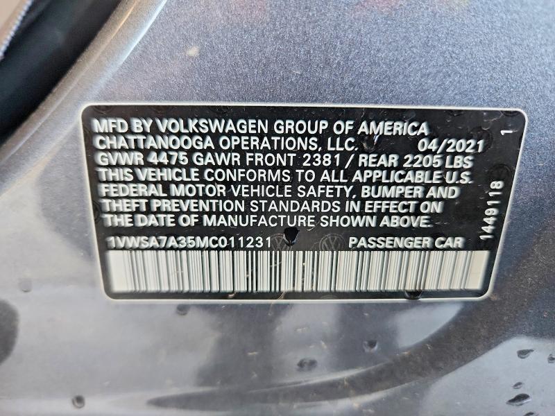 69091736 :رقم المزاد ، 1VWSA7A35MC011231 vin ، 2021 Volkswagen Passat مزاد بيع