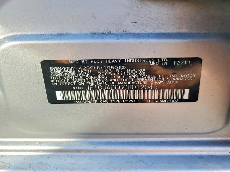 69422586 :رقم المزاد ، JF1GJAD66CH012049 vin ، 2012 Subaru Impreza مزاد بيع