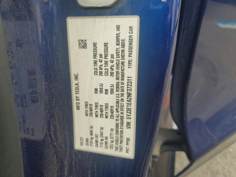 2022 Tesla Model 3 მანქანა იყიდება აუქციონზე, vin: 5YJ3E1EA2NF372311, აუქციონის ნომერი: 70033296