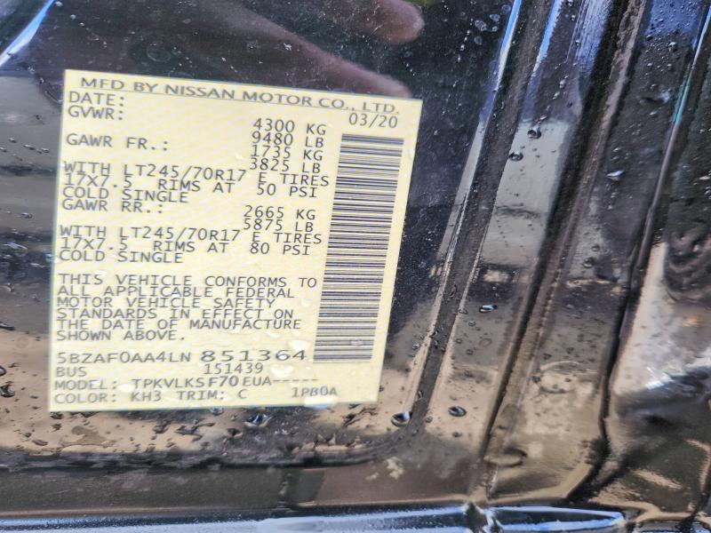 2020 Nissan Nv მანქანა იყიდება აუქციონზე, vin: 5BZAF0AA4LN851364, აუქციონის ნომერი: 69938566