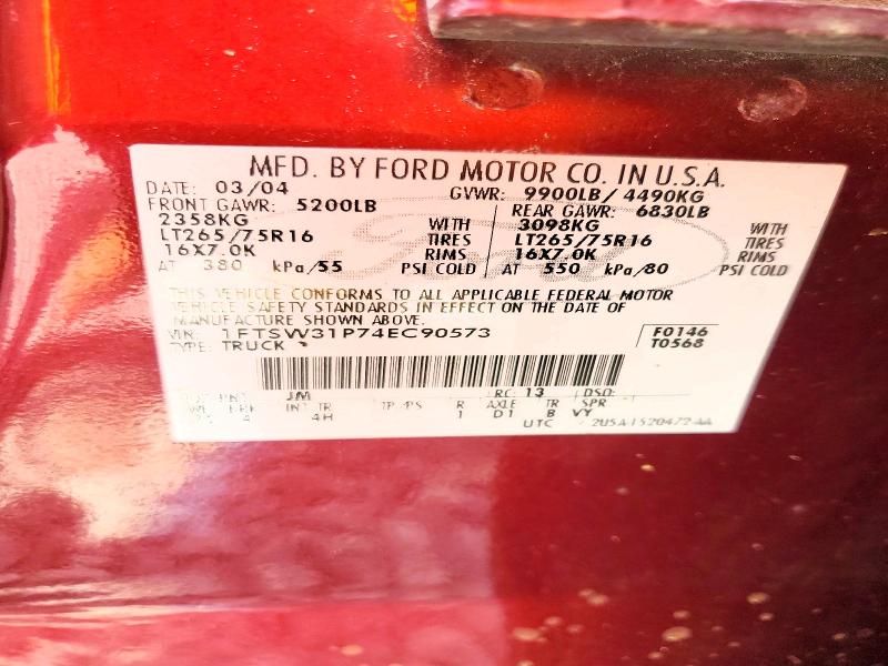2004 Ford F350 მანქანა იყიდება აუქციონზე, vin: 1FTSW31P74EC90573, აუქციონის ნომერი: 69340476