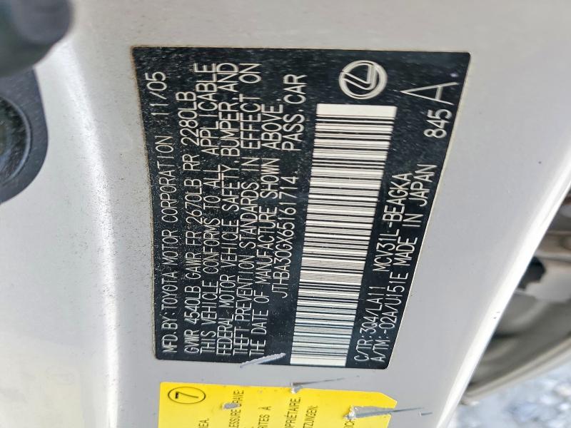 2006 Lexus Es მანქანა იყიდება აუქციონზე, vin: JTHBA30GX65161714, აუქციონის ნომერი: 70085396