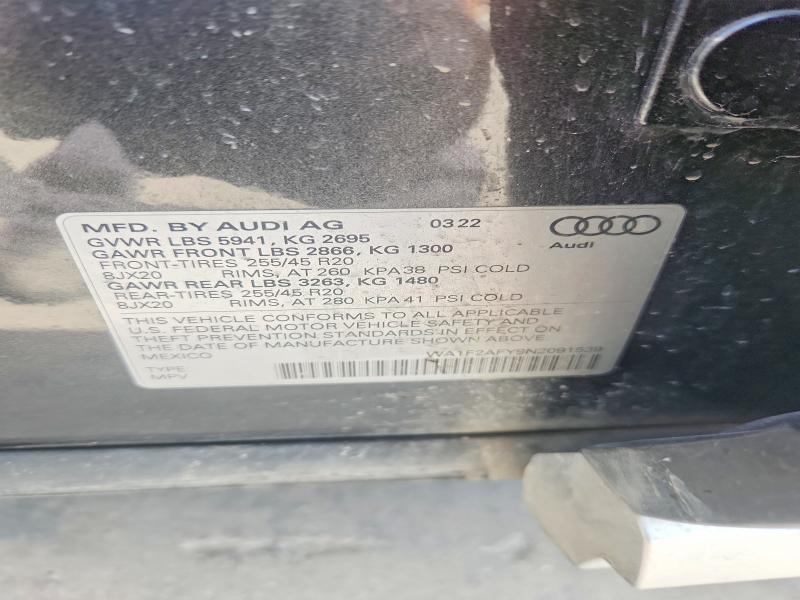 Продаж на аукціоні авто 2022 Audi Q5 E, vin: WA1F2AFY9N2091539, номер лоту: 70487516
