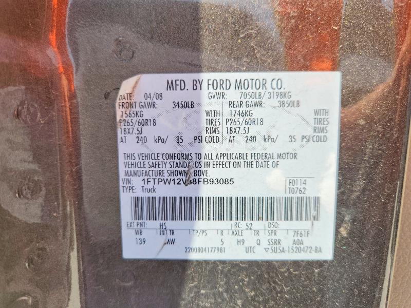 2008 Ford F150 მანქანა იყიდება აუქციონზე, vin: 1FTPW12V38FB93085, აუქციონის ნომერი: 70238416
