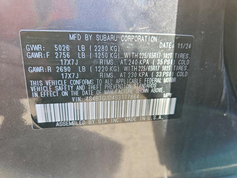 2025 Subaru Outback მანქანა იყიდება აუქციონზე, vin: 4S4BTGUD4S3177864, აუქციონის ნომერი: 70854856