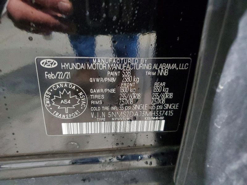 Aukcja sprzedaży 2021 Hyundai Santa Fe, vin: 5NMS2DAJ3MH337415, numer aukcji: 68691246