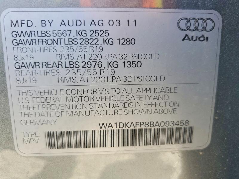 70833926 :رقم المزاد ، WA1DKAFP8BA093458 vin ، 2011 Audi Q5 مزاد بيع