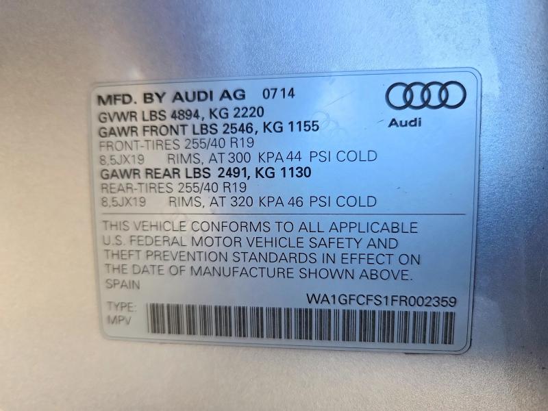 2015 Audi Q3 მანქანა იყიდება აუქციონზე, vin: WA1GFCFS1FR002359, აუქციონის ნომერი: 68855406