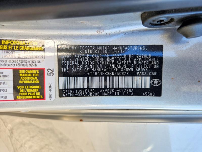 Продаж на аукціоні авто 2019 Toyota Camry, vin: 4T1B11HK3KU250678, номер лоту: 68047786
