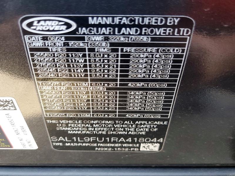 2024 Land Rover Range Rover Sport მანქანა იყიდება აუქციონზე, vin: SAL1L9FU1RA418044, აუქციონის ნომერი: 65430796