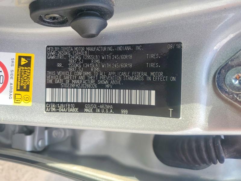 Aukcja sprzedaży 2018 Toyota Highlander, vin: 5TDZZRFH2JS288326, numer aukcji: 69481326