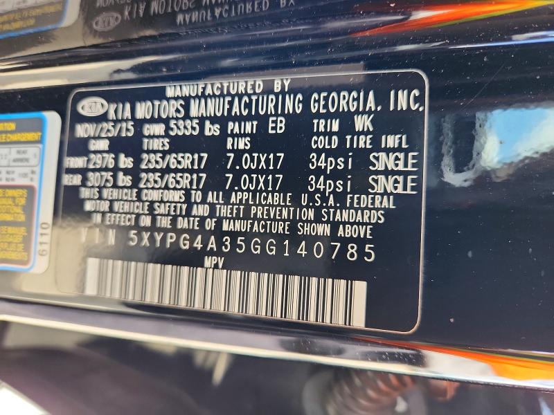 70026326 :رقم المزاد ، 5XYPG4A35GG140785 vin ، 2016 Kia Sorento مزاد بيع