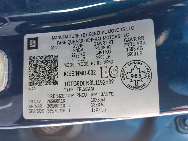 Продаж на аукціоні авто 2020 Gmc Canyon, vin: 1GTG6DEN8L1192582, номер лоту: 68427586