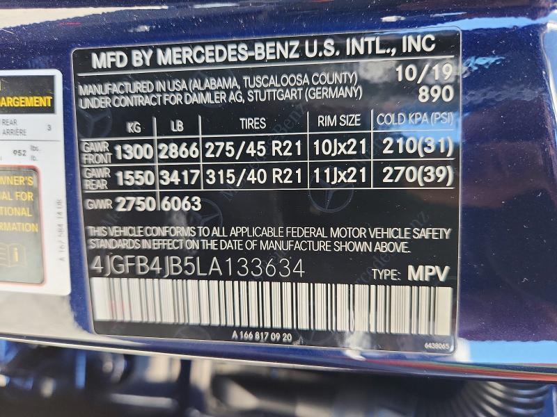 67347296 :رقم المزاد ، 4JGFB4JB5LA133634 vin ، 2020 Mercedes-benz Gle مزاد بيع
