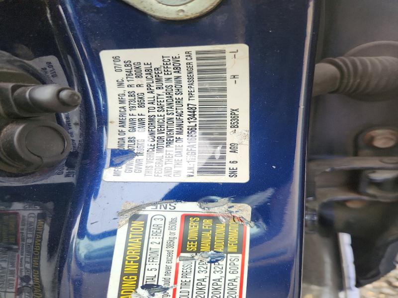 70124746 :رقم المزاد ، 1HGFA16856L134487 vin ، 2006 Honda Civic مزاد بيع