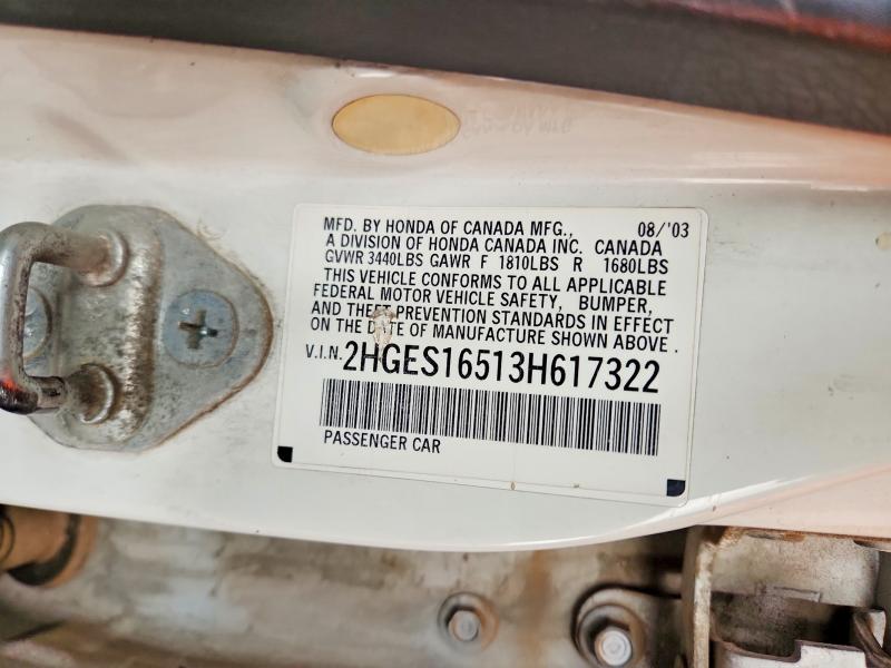 69080376 :رقم المزاد ، 2HGES16513H617322 vin ، 2003 Honda Civic مزاد بيع