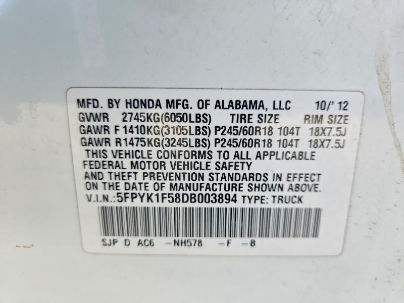 67004016 :رقم المزاد ، 5FPYK1F58DB003894 vin ، 2013 Honda Ridgeline مزاد بيع