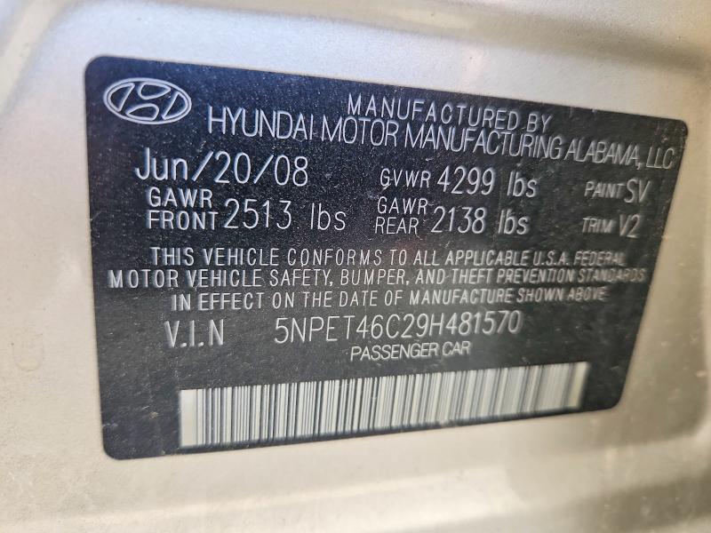 70293466 :رقم المزاد ، 5NPET46C29H481570 vin ، 2009 Hyundai Sonata مزاد بيع