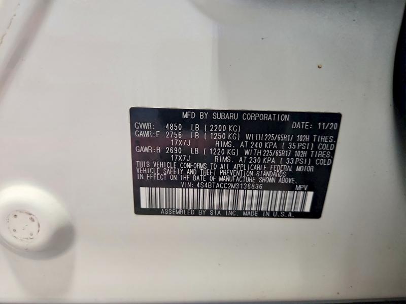 2021 Subaru Outback მანქანა იყიდება აუქციონზე, vin: 4S4BTACC2M3136836, აუქციონის ნომერი: 68844866