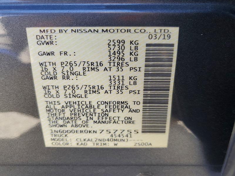 2019 Nissan Frontier მანქანა იყიდება აუქციონზე, vin: 1N6DD0ER0KN757755, აუქციონის ნომერი: 67667526
