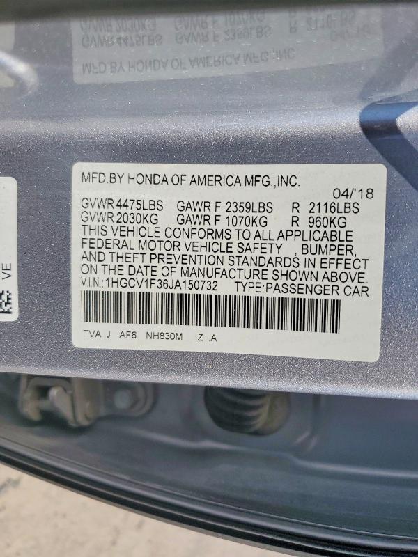 Продаж на аукціоні авто 2018 Honda Accord, vin: 1HGCV1F36JA150732, номер лоту: 70679106