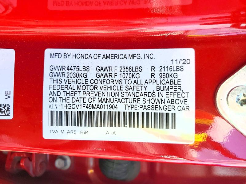 Продажа на аукционе авто 2021 Honda Accord, vin: 1HGCV1F49MA011904, номер лота: 70641846