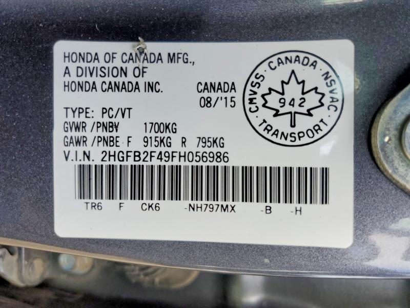 Продаж на аукціоні авто 2015 Honda Civic, vin: 2HGFB2F49FH056986, номер лоту: 68415686